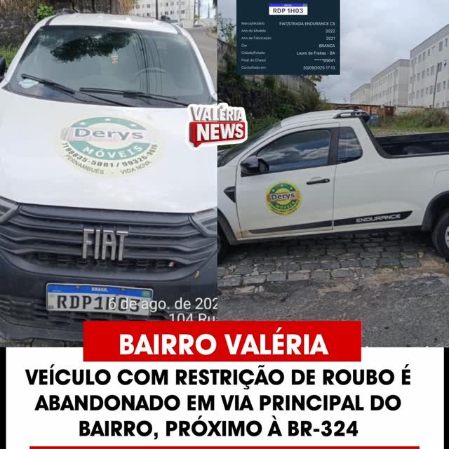 Terça-feira, 30, um veículo modelo Fiat Strada, com restrição de roubo, foi abandonado no final d…