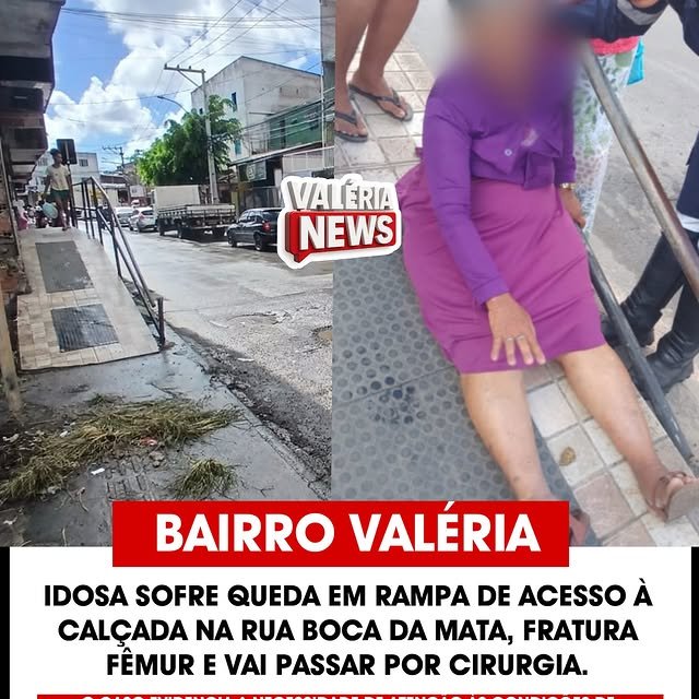 Uma idosa sofreu uma queda na Rua Boca da Mata, no bairro Valéria, ao escorregar em uma rampa de …